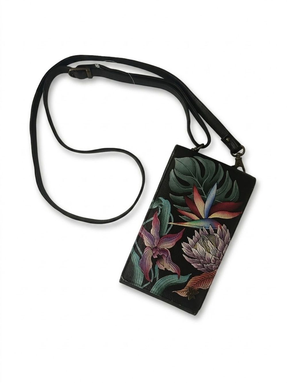 Anuschka Hand Painted Leather Phone Crossbody Wallet Tropical Protea Black NWOT